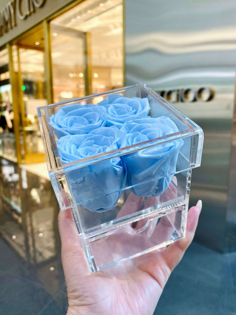FOUR PRESERVED ROSES IN ACRYLIC BOX WITH DRAWER– RSVP By Anastasia